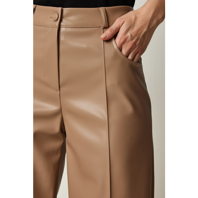 Happiness İstanbul Women's Biscuit Premium Pocket Faux Leather Trousers