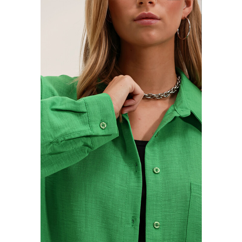 Bigdart 20153 Single Pocket Oversize Linen Shirt - Green