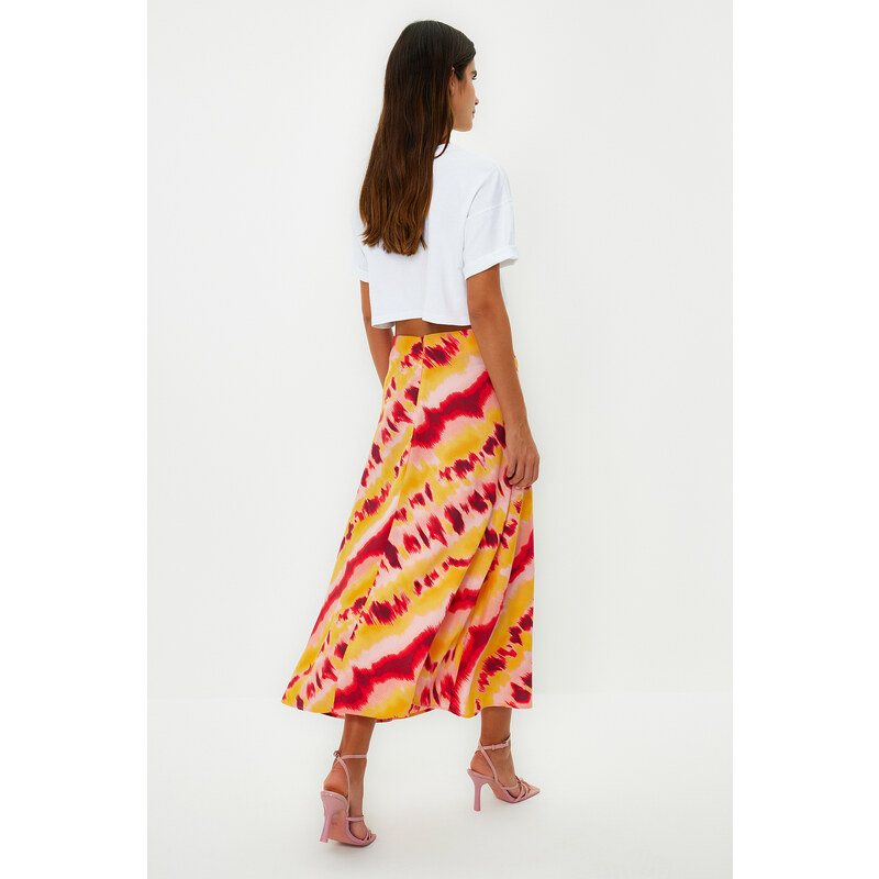 Trendyol Orange Retro Patterned Viscose Fabric Midi Woven Skirt