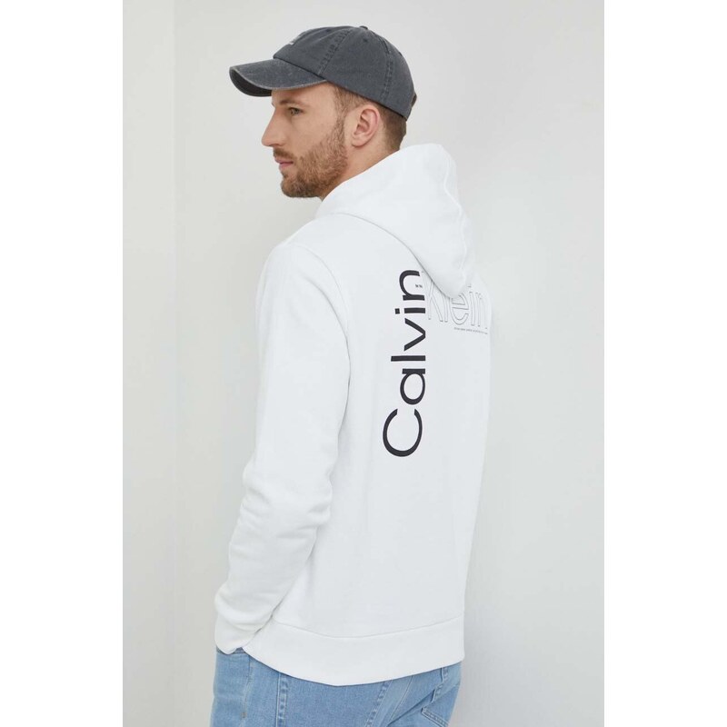 Bavlněná mikina Calvin Klein pánská, bílá barva, s kapucí, s potiskem