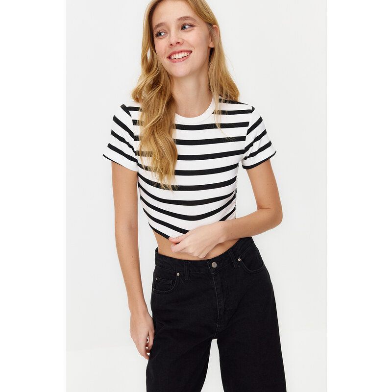 Trendyol Premium Black Ecru Striped Viscose Crop Crew Neck Stretch Knitted Blouse