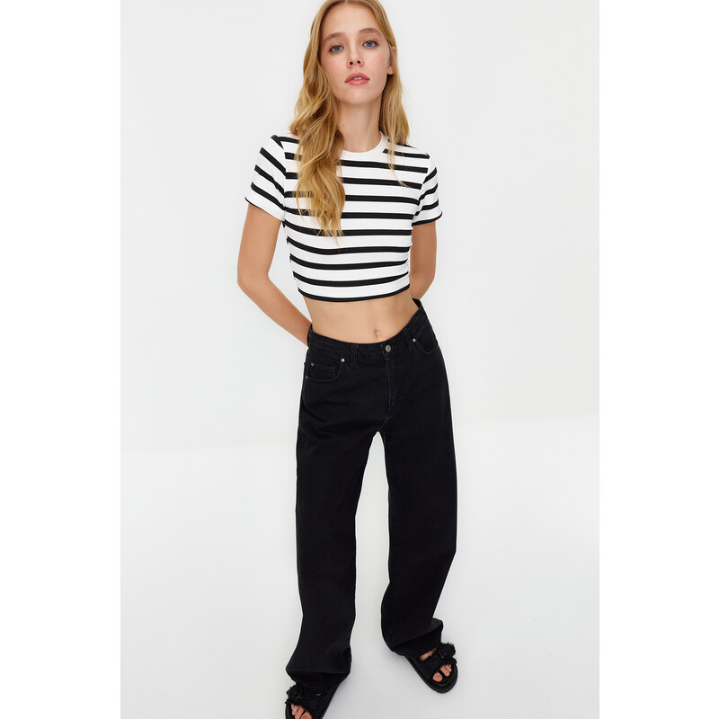 Trendyol Premium Black Ecru Striped Viscose Crop Crew Neck Stretch Knitted Blouse