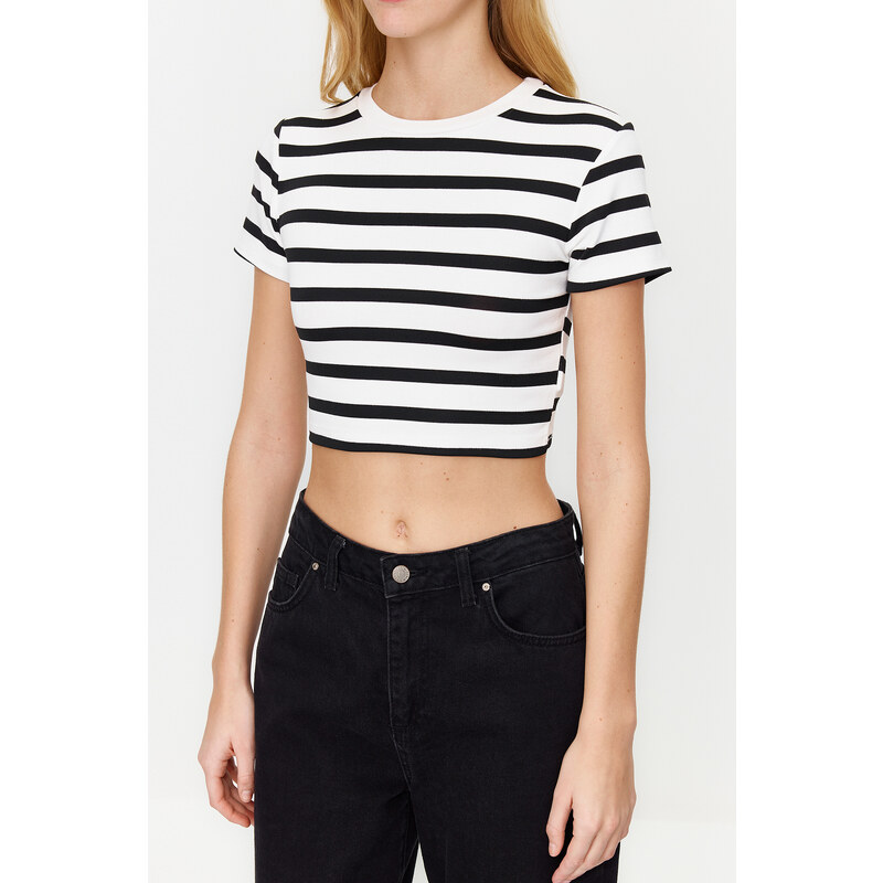 Trendyol Premium Black Ecru Striped Viscose Crop Crew Neck Stretch Knitted Blouse