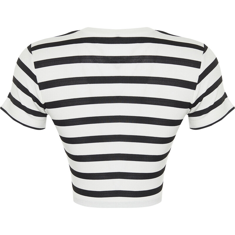 Trendyol Premium Black Ecru Striped Viscous/Soft Fabric Crop Crew Neck Stretchy Knitted Blouse