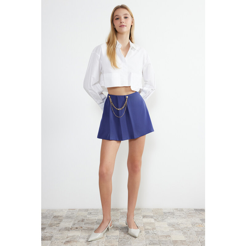 Trendyol Navy Blue Chain and Pleat Detailed Woven Shorts Skirt