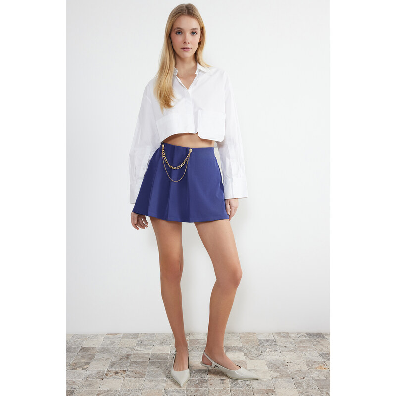 Trendyol Navy Blue Chain and Pleat Detailed Woven Shorts Skirt