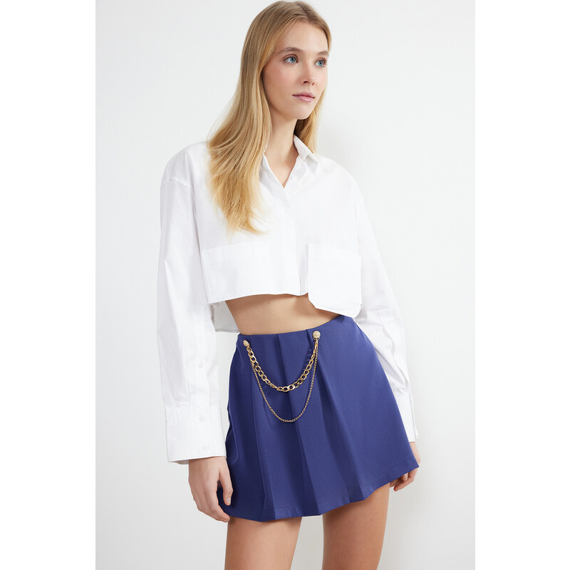 Trendyol Navy Blue Chain and Pleat Detailed Woven Shorts Skirt