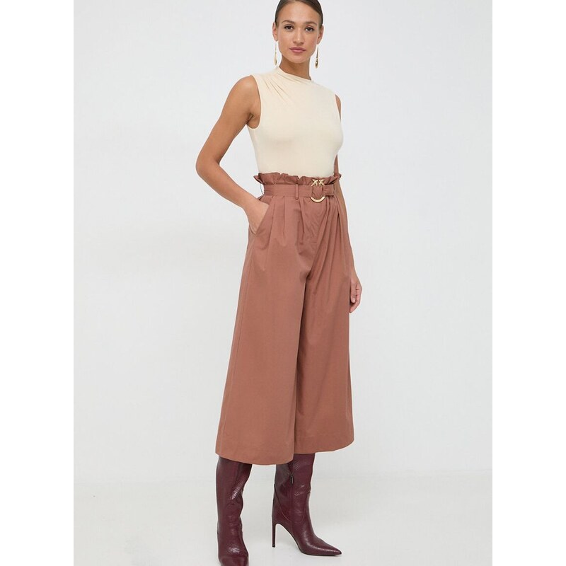 Bavlněné kalhoty Pinko hnědá barva, střih culottes, high waist, 103006.A1N3