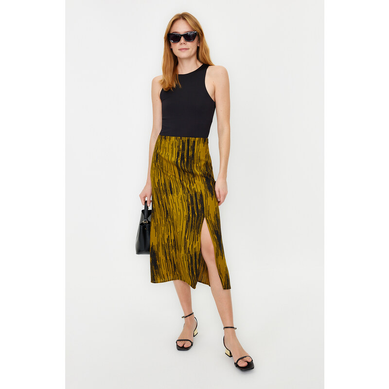 Trendyol Mustard Slit Detail Viscose Fabric Patterned Midi Woven Skirt