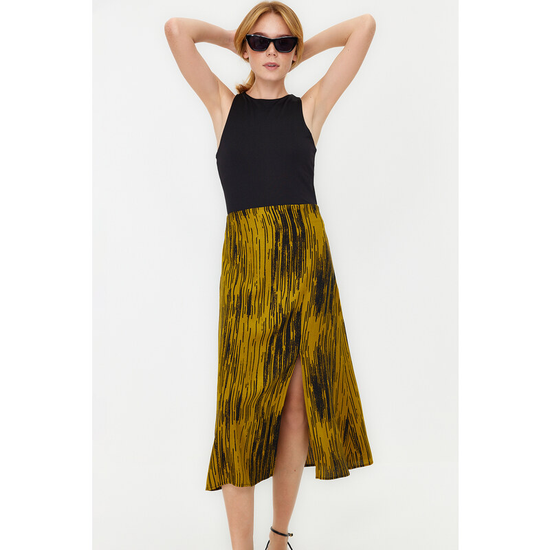 Trendyol Mustard Slit Detail Viscose Fabric Patterned Midi Woven Skirt