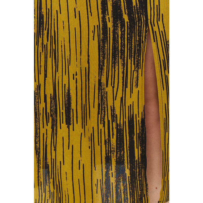 Trendyol Mustard Slit Detail Viscose Fabric Patterned Midi Woven Skirt