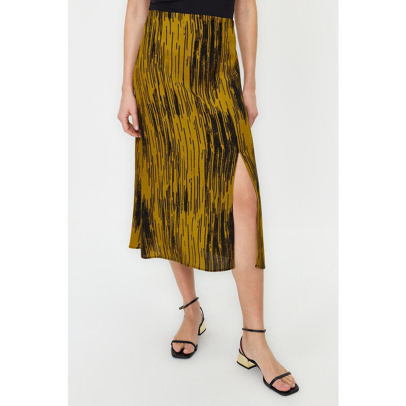 Trendyol Mustard Slit Detail Viscose Fabric Patterned Midi Woven Skirt