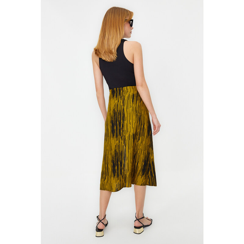 Trendyol Mustard Slit Detail Viscose Fabric Patterned Midi Woven Skirt