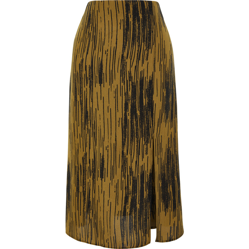 Trendyol Mustard Slit Detail Viscose Fabric Patterned Midi Woven Skirt