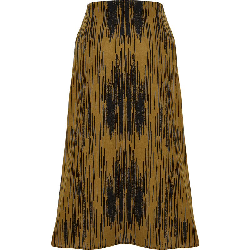 Trendyol Mustard Slit Detail Viscose Fabric Patterned Midi Woven Skirt