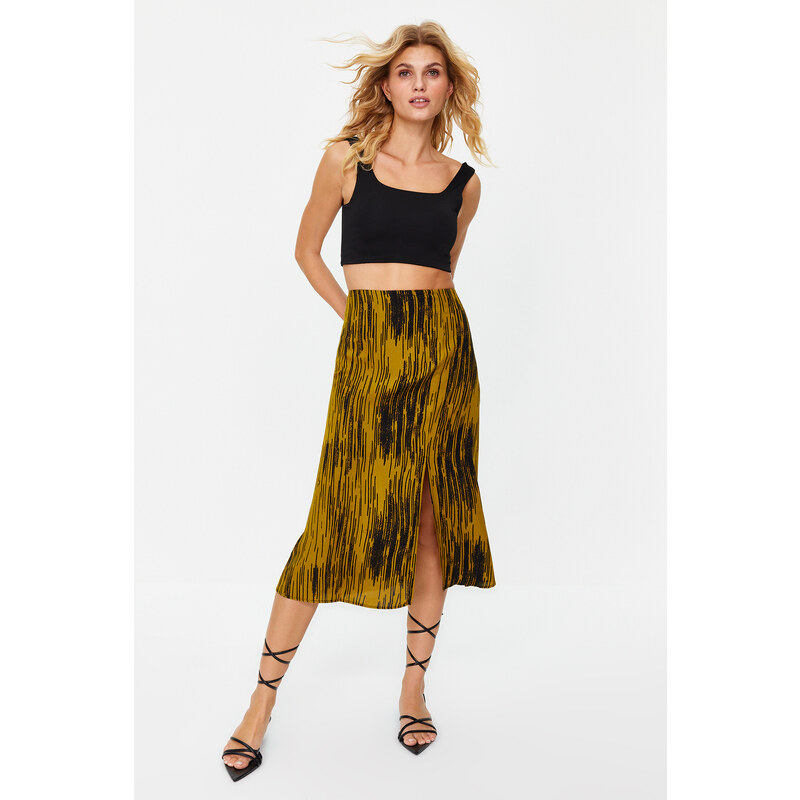 Trendyol Mustard Slit Detail Viscose Fabric Patterned Midi Woven Skirt