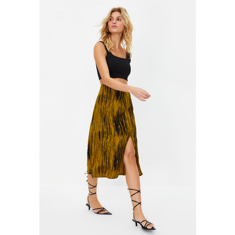 Trendyol Mustard Slit Detail Viscose Fabric Patterned Midi Woven Skirt