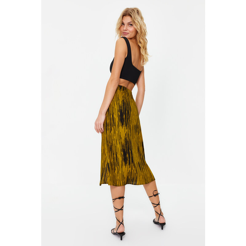 Trendyol Mustard Slit Detail Viscose Fabric Patterned Midi Woven Skirt