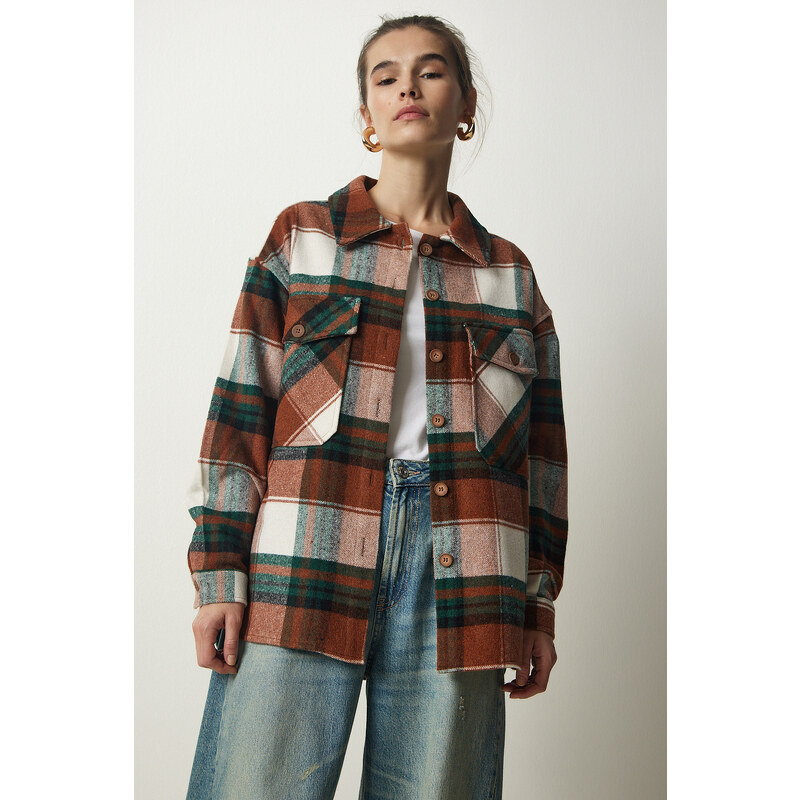 Happiness İstanbul Women's Brown Green Lumberjack Cachet Shirt Jacket