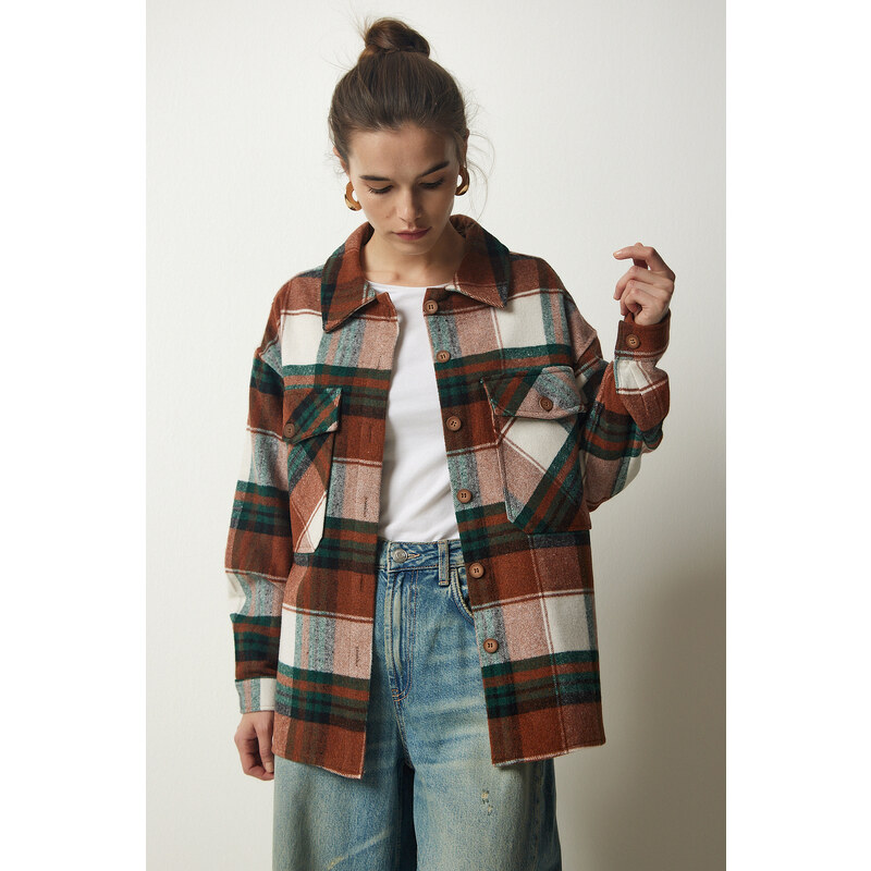 Happiness İstanbul Women's Brown Green Lumberjack Cachet Shirt Jacket