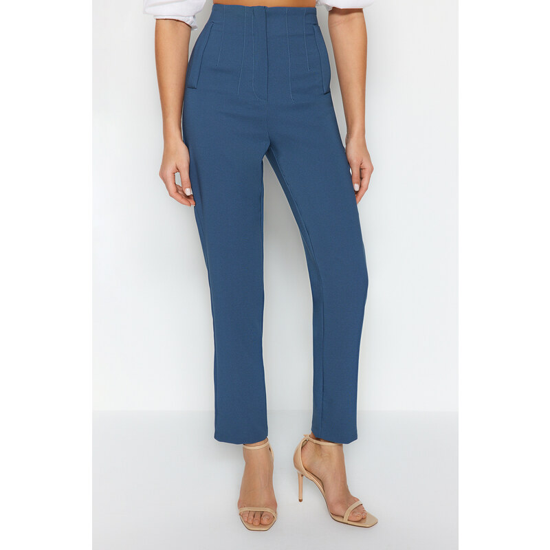 Trendyol Indigo Cigarette Fit Darted High Waist Ankle-Length Woven Trousers