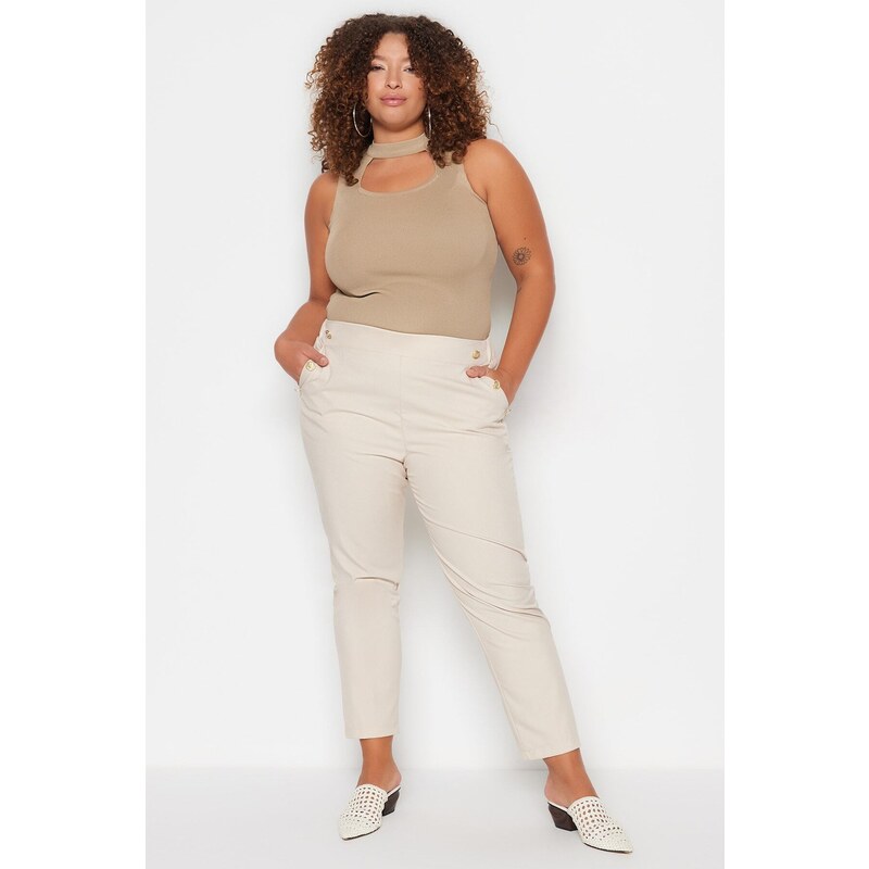 Trendyol Curve Beige Crepe Gold Button Detailní tkané kalhoty 107060128