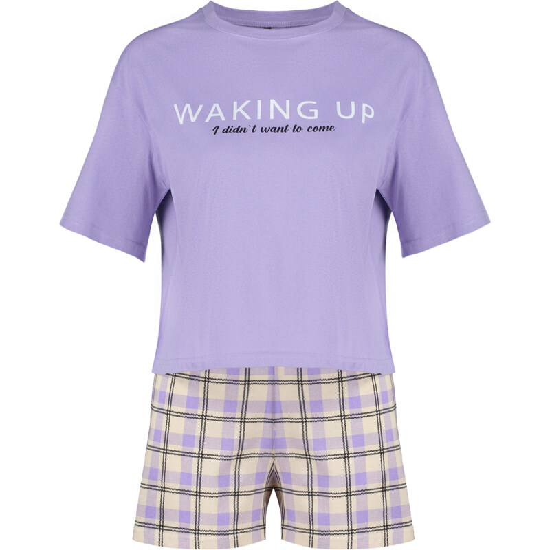 Trendyol Lilac 100% Cotton Motto Printed Knitted Pajamas Set