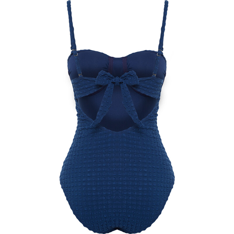Trendyol Navy Blue Gingham Textured Balconette Regular Swimsuit
