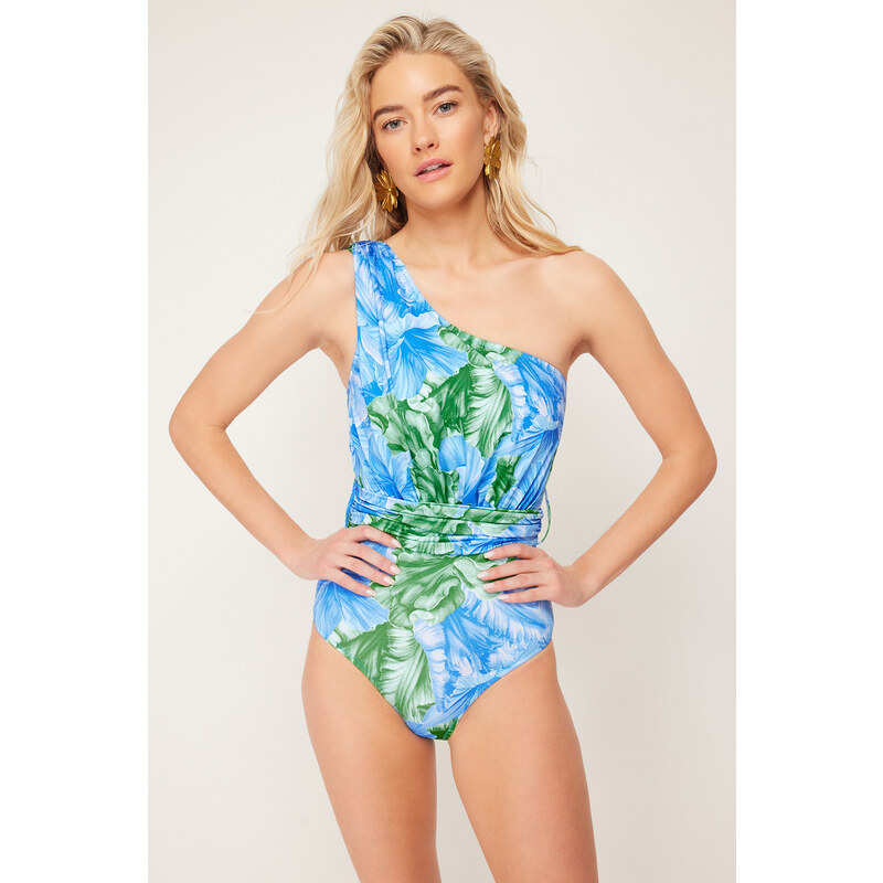 Trendyol Floral Patterned Single Shoulder Draped Regular Swimsuit