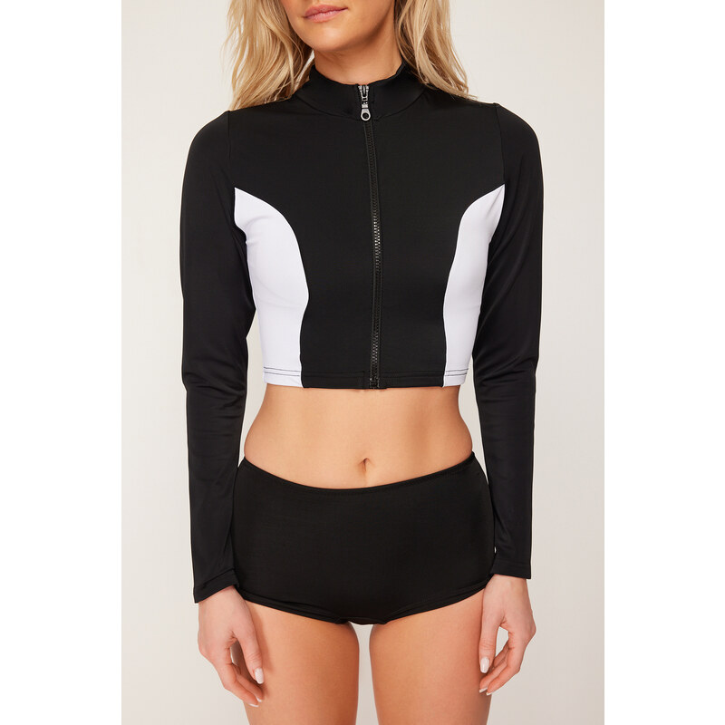 Trendyol Black Swim Zipper Long Sleeve Bikini Top