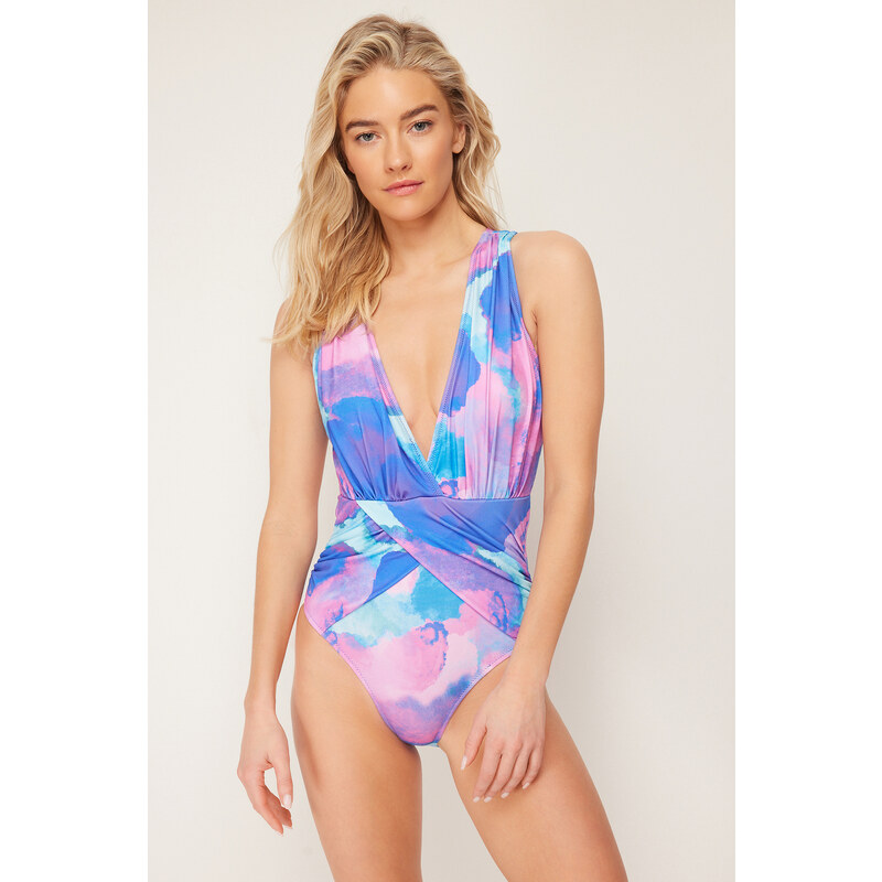 Trendyol Abstract Patterned Deep Decollete Draped Regular Swimsuit