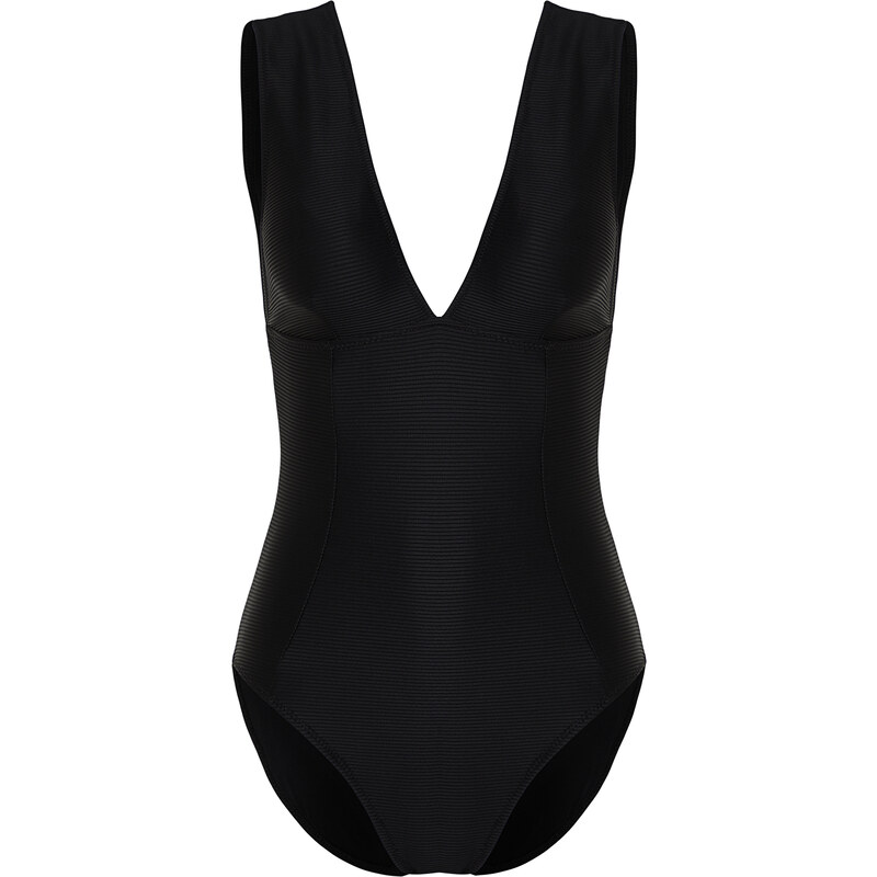 Trendyol Black V Neck Textured Regular Swimsuit