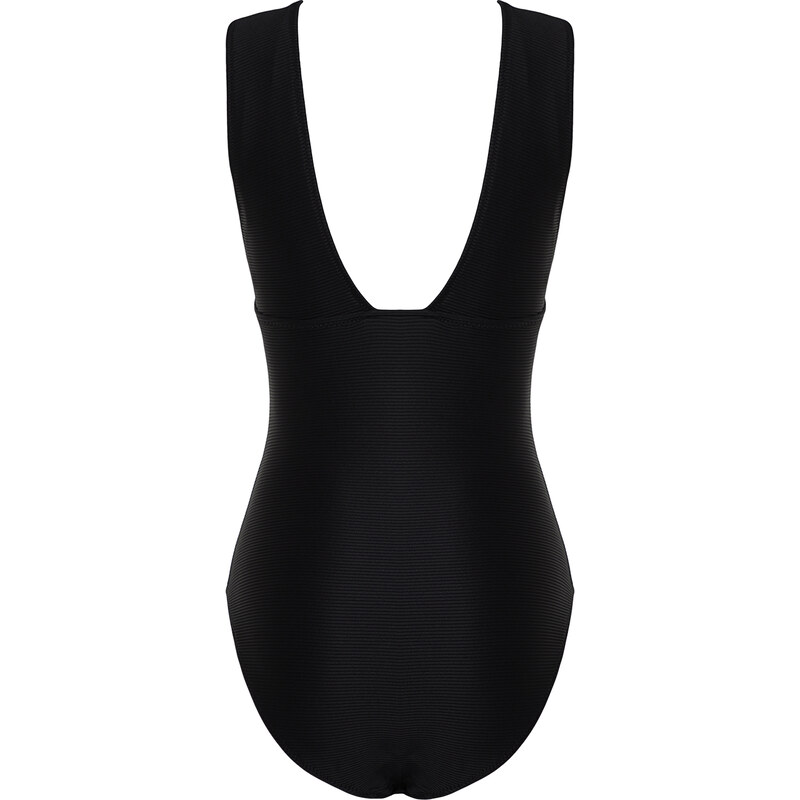 Trendyol Black V Neck Textured Regular Swimsuit