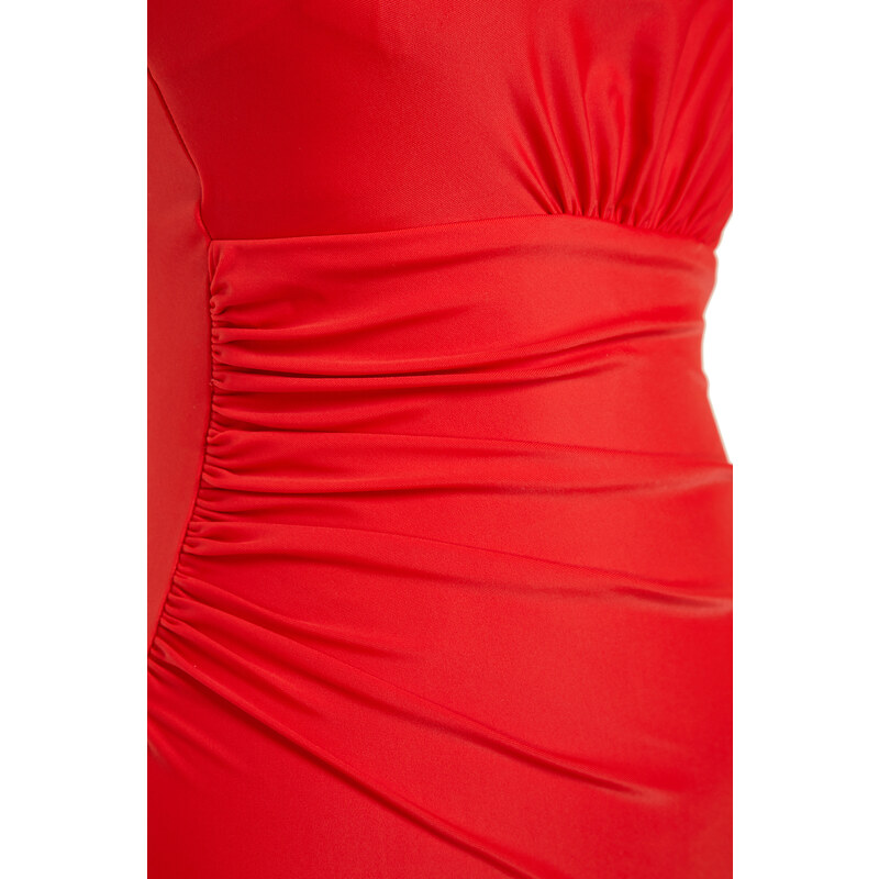 Trendyol Red One-Shoulder Draped Regular Swimsuit