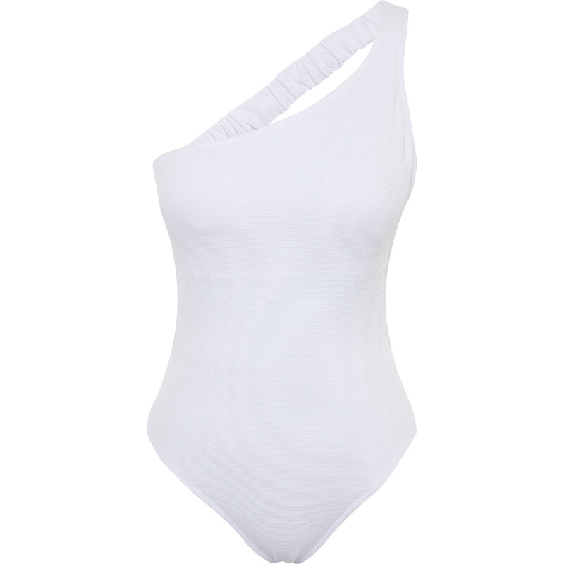 Trendyol Bridal White Single Shoulder Gathered Textured High Leg Regular Swimsuit