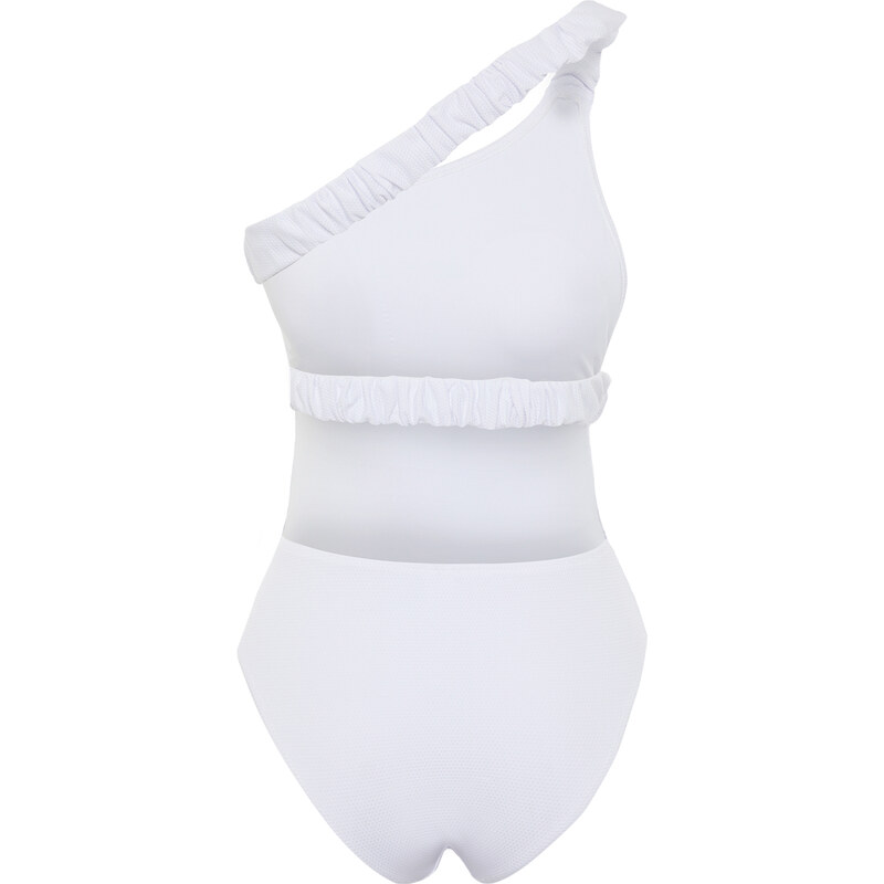 Trendyol Bridal White Single Shoulder Gathered Textured High Leg Regular Swimsuit