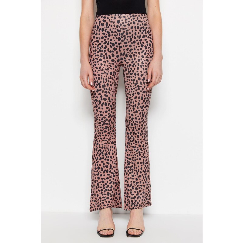 Trendyol hnědé leopardí tištěné světlice / francouzské nohavice s vysokým pasem strečové pletené kalhoty