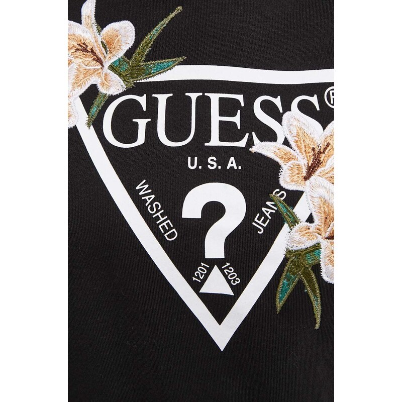 Bavlněná mikina Guess ZOEY dámská, černá barva, s kapucí, vzorovaná, V4GQ04 KC6V1