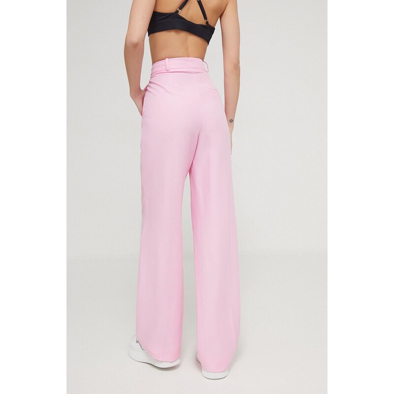 Kalhoty s příměsí lnu HUGO růžová barva, high waist