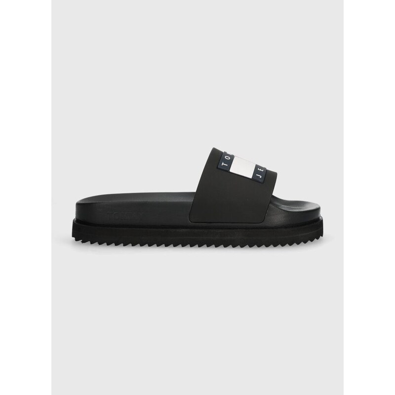 Pantofle Tommy Jeans TJW ELEVATED FLATFORM SLIDE dámské, černá barva, na platformě, EN0EN02451