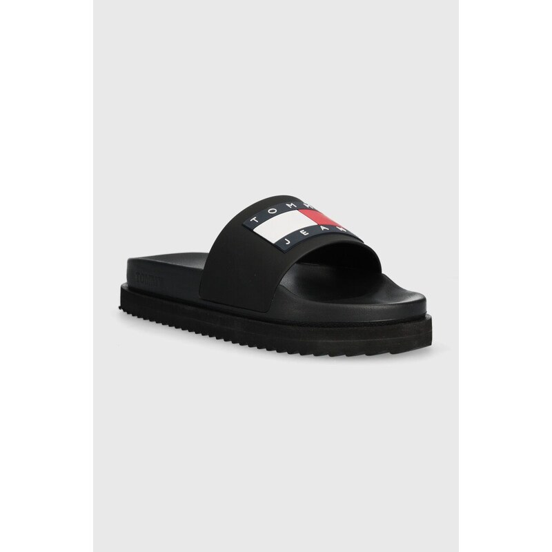 Pantofle Tommy Jeans TJW ELEVATED FLATFORM SLIDE dámské, černá barva, na platformě, EN0EN02451