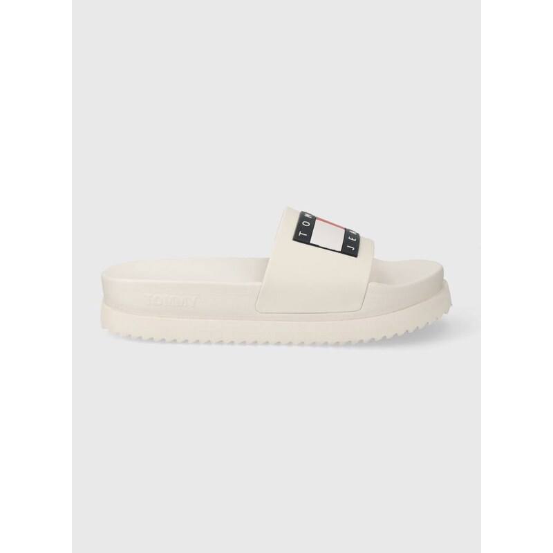 Pantofle Tommy Jeans TJW ELEVATED FLATFORM SLIDE dámské, béžová barva, na platformě, EN0EN02451