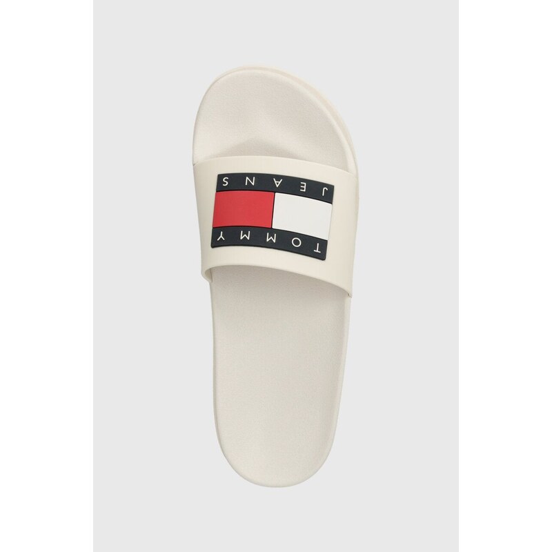 Pantofle Tommy Jeans TJW ELEVATED FLATFORM SLIDE dámské, béžová barva, na platformě, EN0EN02451