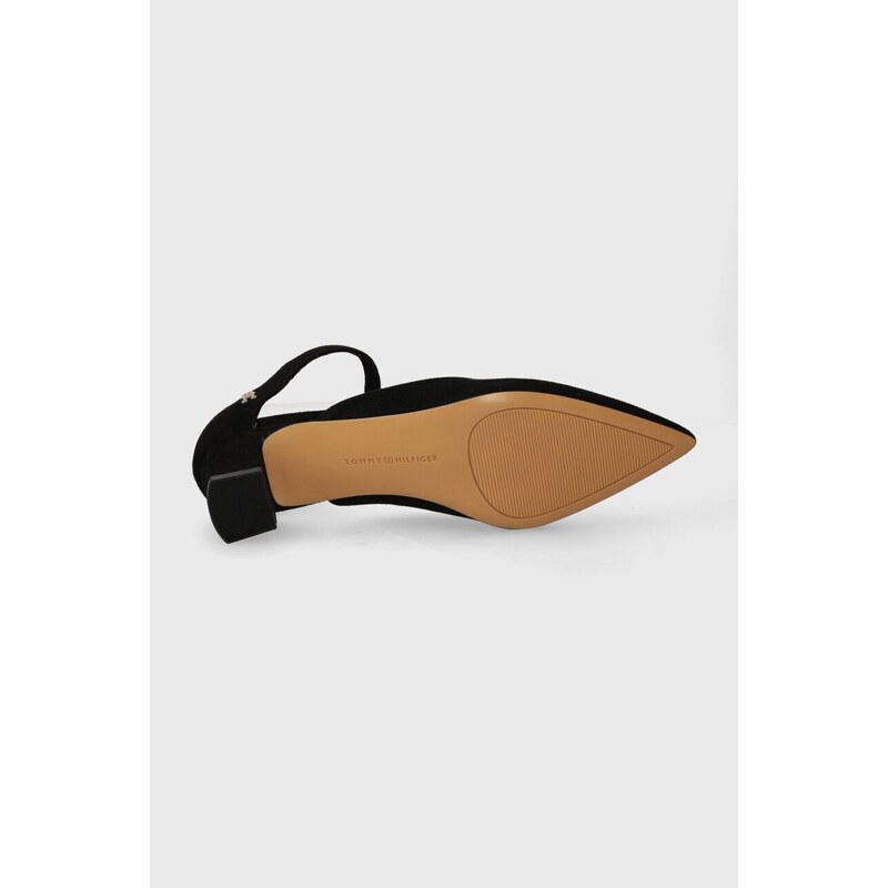 Semišové lodičky Tommy Hilfiger TH POINTY MID HEEL LEATHER MULE černá barva, na podpatku, s odkrytou patou, FW0FW07718