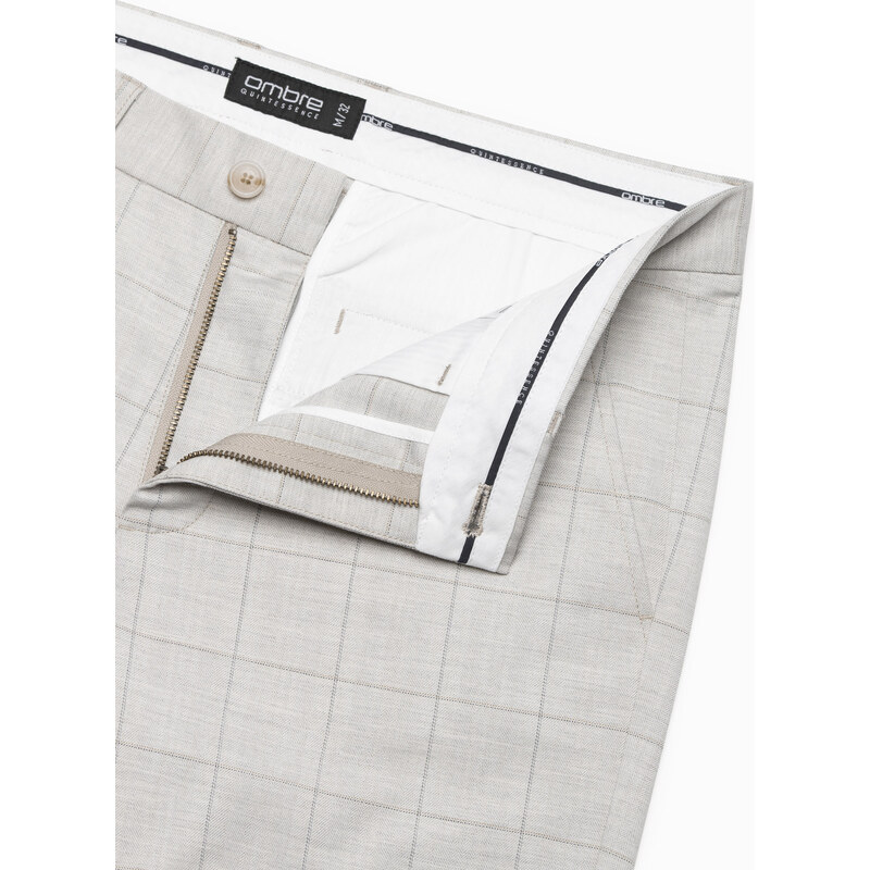 Ombre Clothing Pánské kalhoty klasického střihu v jemné kostkované barvě - béžové V1 OM-PACP-0187