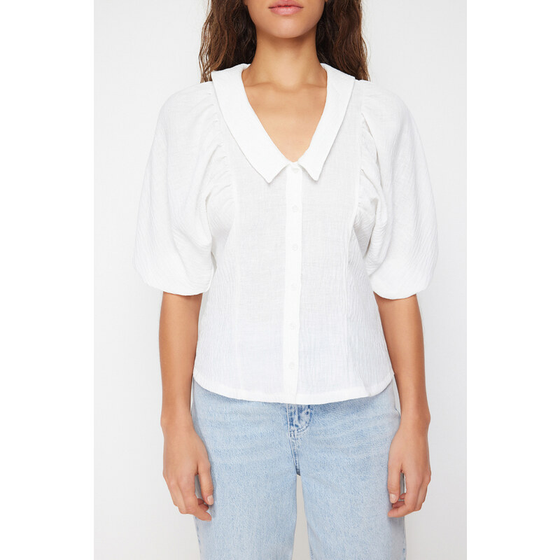 Trendyol Ecru Back Lace Detailed Woven Linen Look Shirt