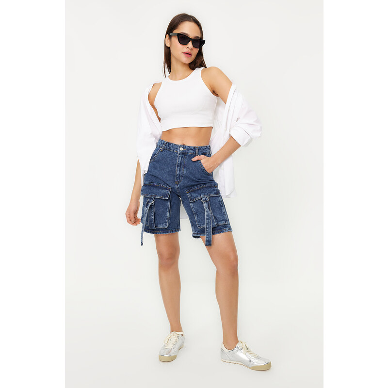 Trendyol Blue Cargo Pocket Regular Waist Denim Bermuda