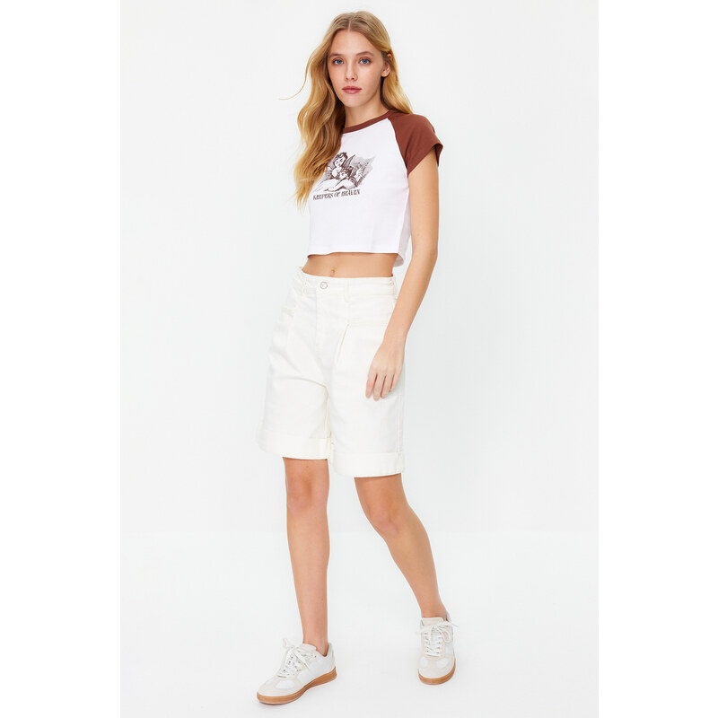 Trendyol Beige Stitch Detail High Waist Denim Shorts & Bermuda