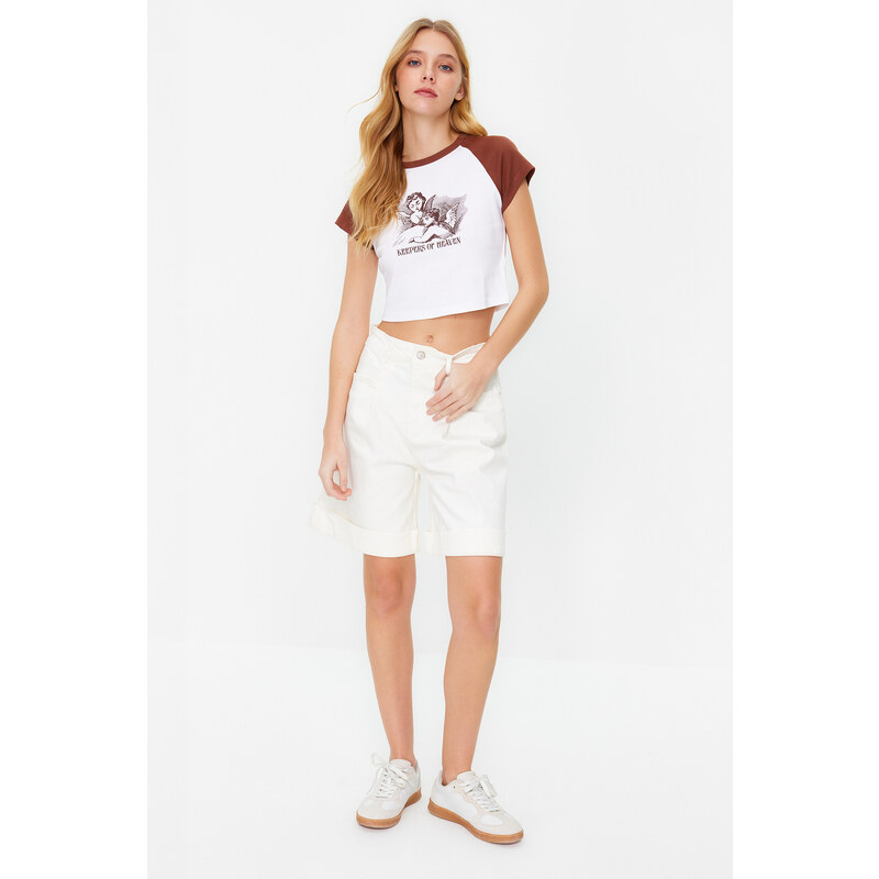 Trendyol Beige Stitch Detail High Waist Denim Shorts & Bermuda