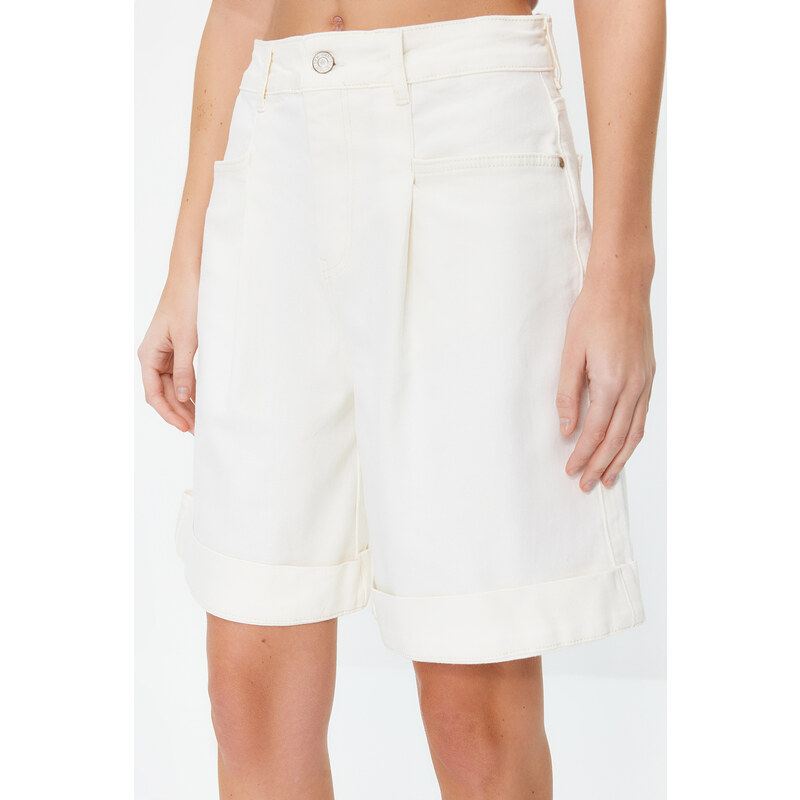 Trendyol Beige Stitch Detail High Waist Denim Shorts & Bermuda